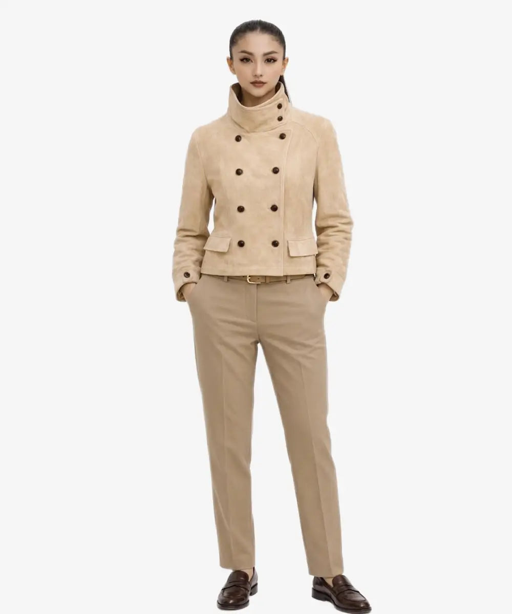 WomenFittedBeigeSuedeLeatherJacketHighNeckDoubleBreastedFit