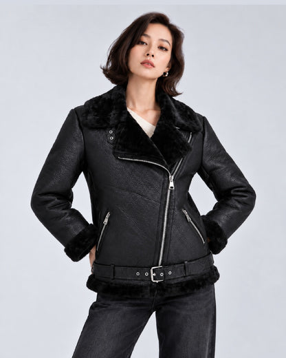 WomenFrancescaFaragoBlackShearlingAsymmetricMotoCoat