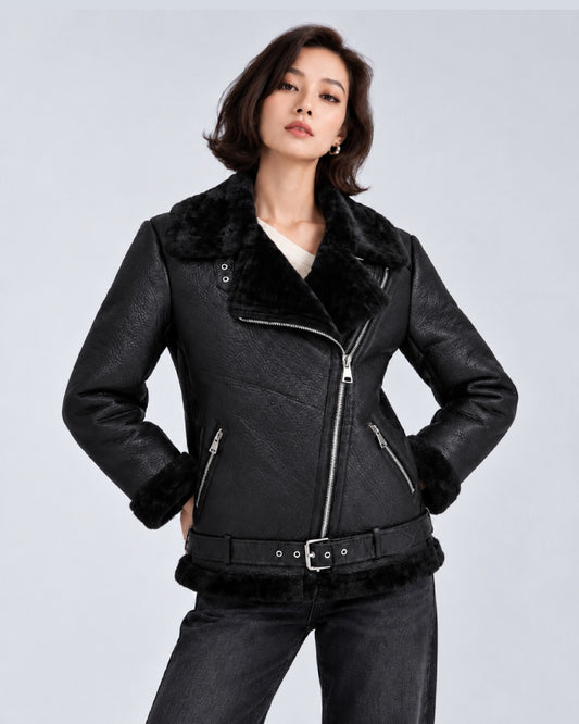 WomenFrancescaFaragoBlackShearlingAsymmetricMotoCoat