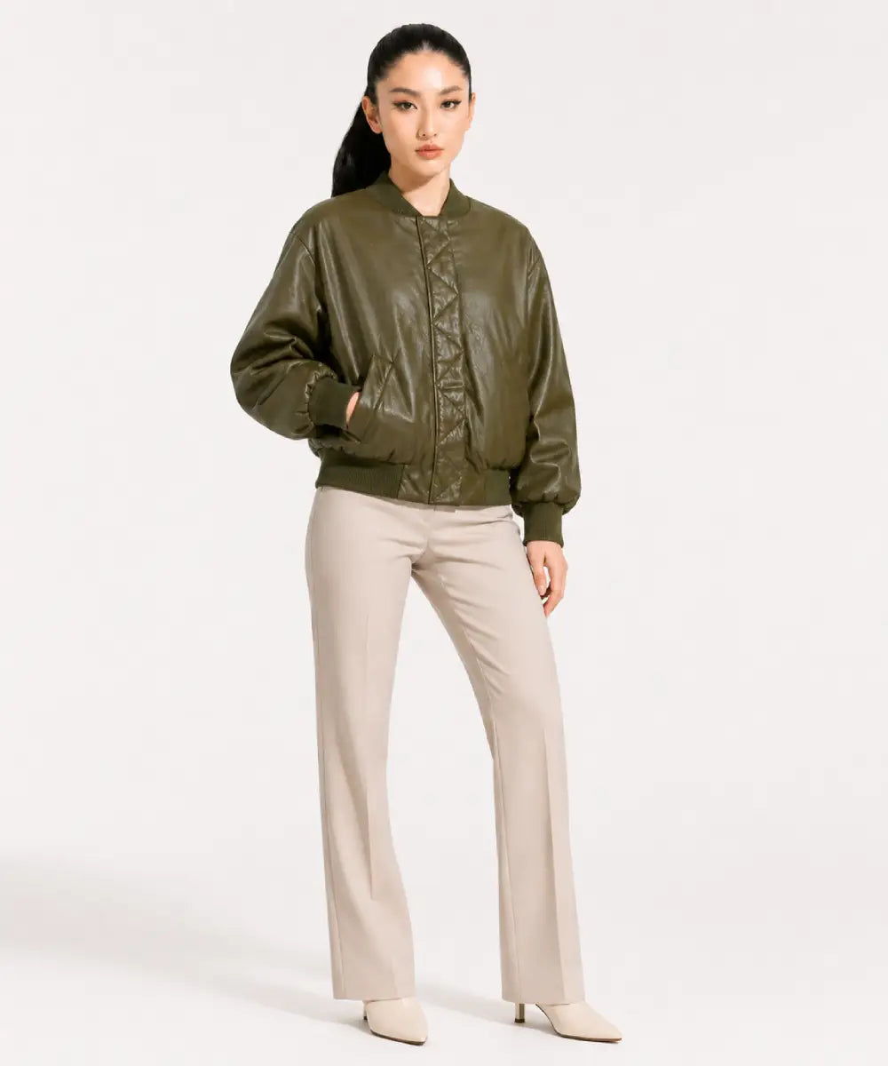 WomenGreenFauxLeatherBomberJacketWithShoulderPads