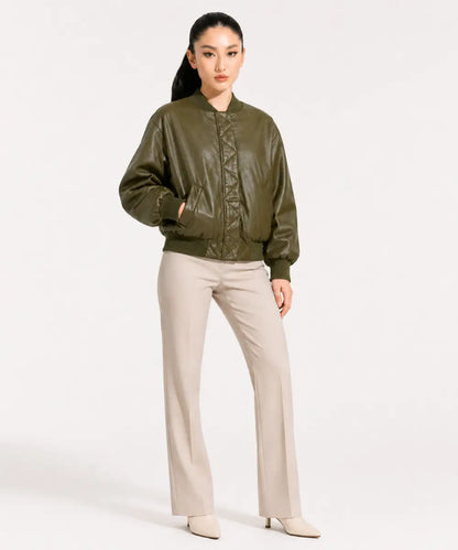 WomenGreenFauxLeatherBomberJacketWithShoulderPads