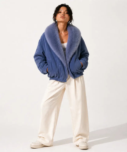 WomenIceBlueSuedeLeatheroversizedJacketWithFur