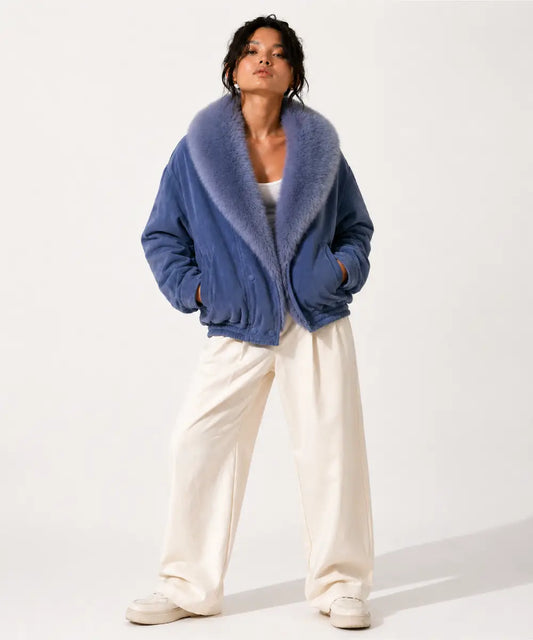 WomenIceBlueSuedeLeatheroversizedJacketWithFur