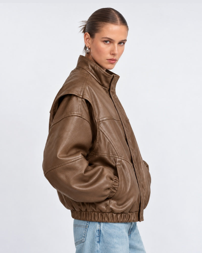 WomenLeatherBomberJacketWithHighNeck