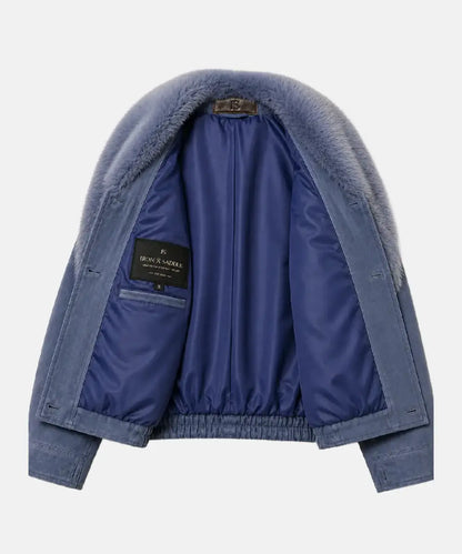 WomenLimitedEditionOversizeIceBlueSuedeLeatherJacketWithFur
