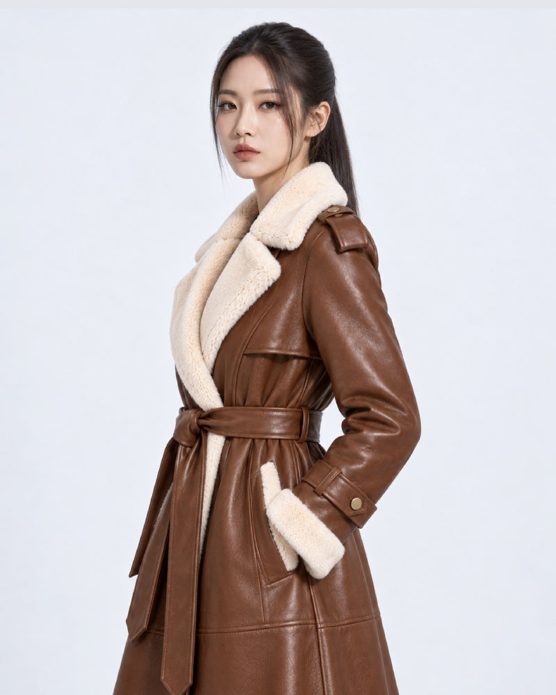 Women’s Brown Shearling Leather Belted Trench Coat
