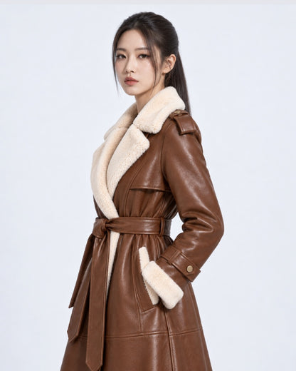 Women’s Brown Shearling Leather Belted Trench Coat