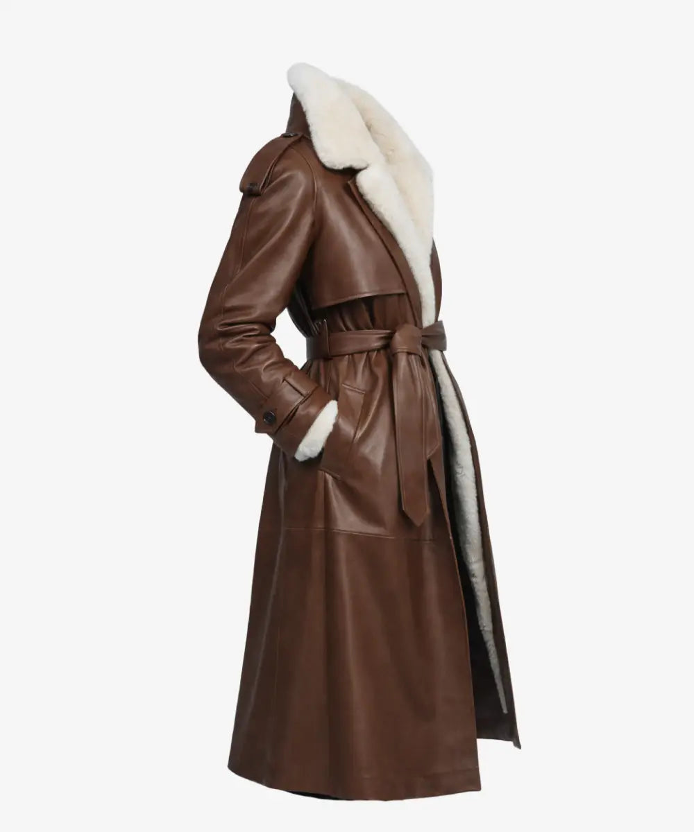WomenLongLeatherBeltedWhiteShearlingTrenchCoat