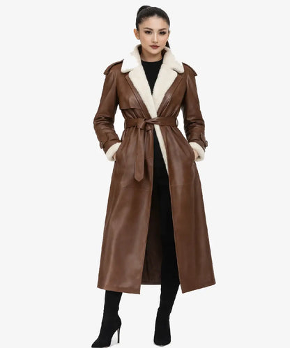 WomenLongLeatherFauxShearlingTrenchCoat