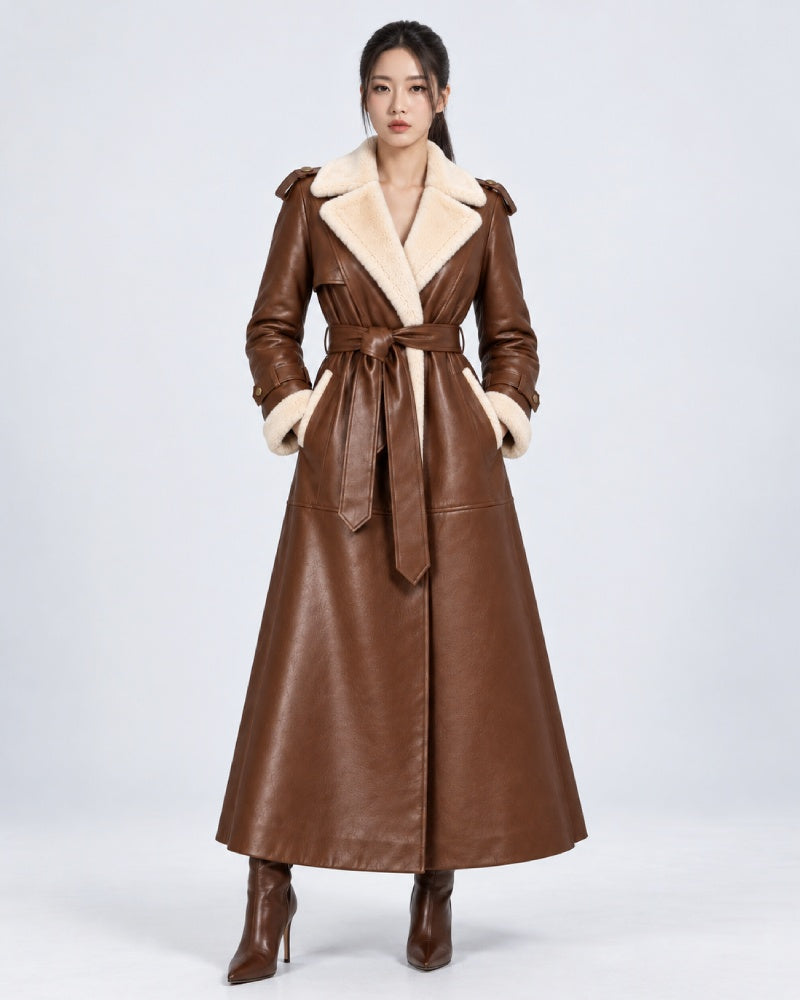 Women’s Brown Shearling Leather Belted Trench Coat
