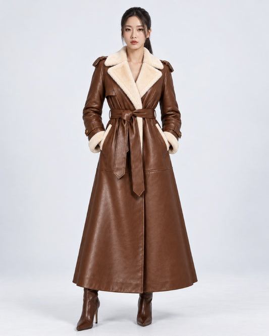 Women’s Brown Shearling Leather Belted Trench Coat