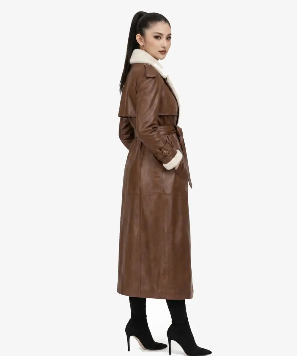 WomenLongLeatherShearlingTrenchCoat