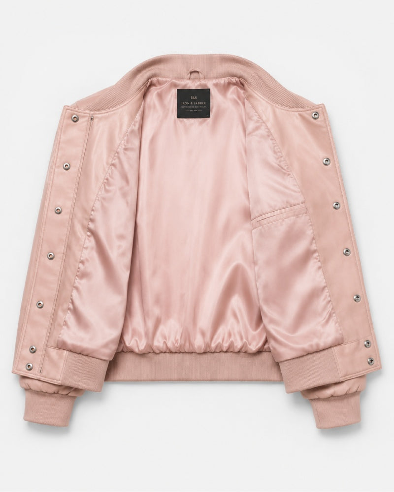 WomenMinimalistBlushLeatherBomberVarsity-StyleJacket