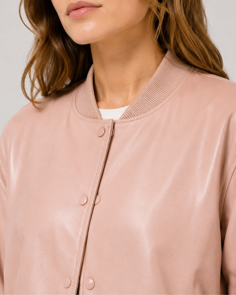 WomenMinimalistBlushLeatherBomberVarsityJacket