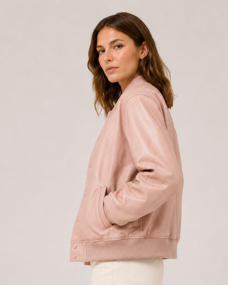 WomenMinimalistSnap-ButtonBlushLeatherBomberVarsity-StyleJacket