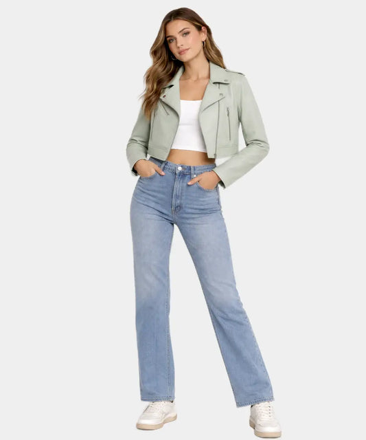 WomenMintGreenCroppedLeatherJacket