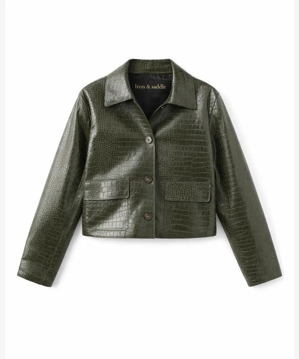 WomenNiloCrocEmbossedGreenFauxLeatherJacket