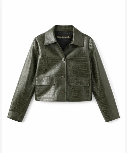 WomenNiloCrocEmbossedGreenFauxLeatherJacket