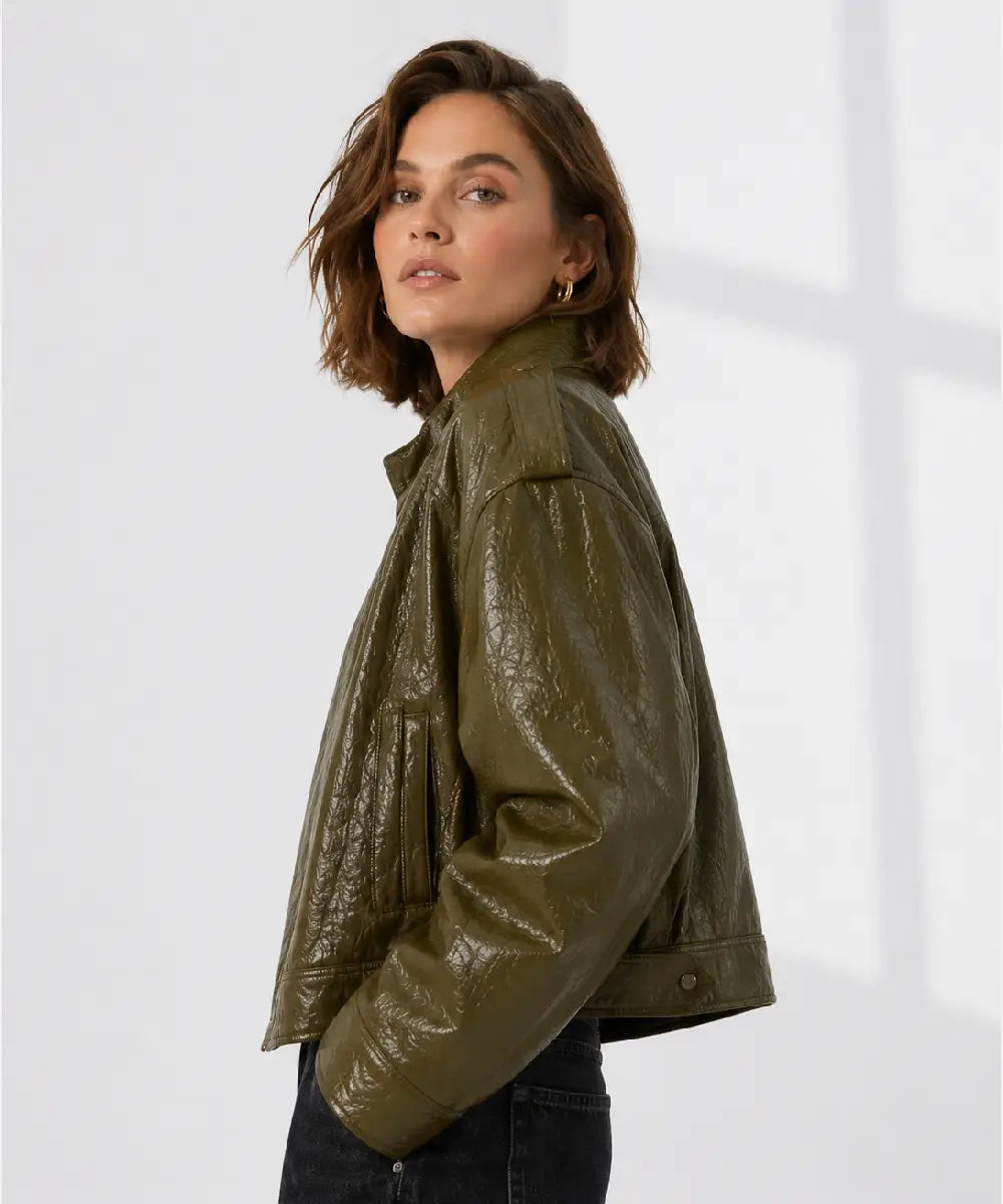 WomenOversizeGrained-LeatherBomberDarkKhakiJacket