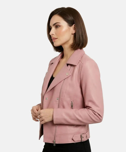 WomenPinkLeatherBikerJacket