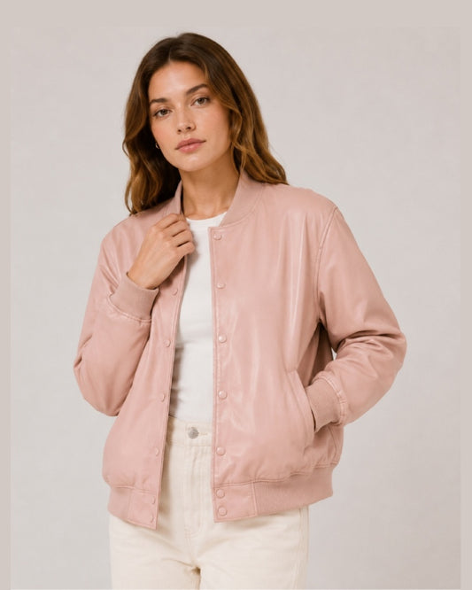 WomenPinkMinimalistSnap-ButtonBlushLeatherBomberVarsityJacket
