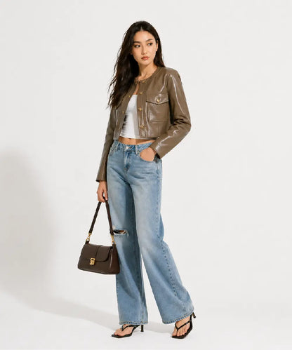 WomenPocketsCroppedBlazerwithalapelcollarandlongsleeves