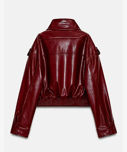 WomenSHORTLEATHEREFFECTJACKETMaroon