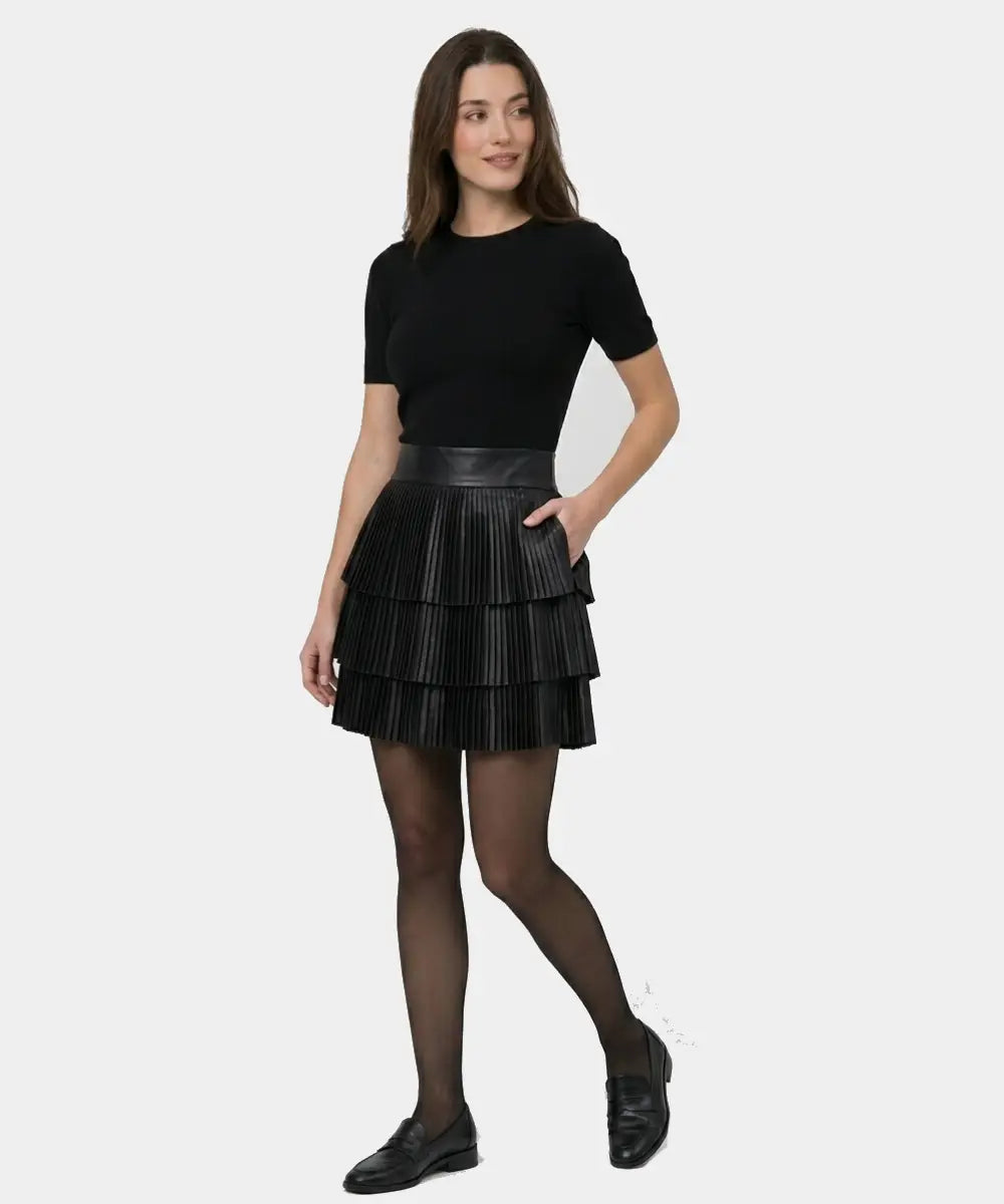 WomenSatinFinishPleatedShortLayeredBlackSkirt