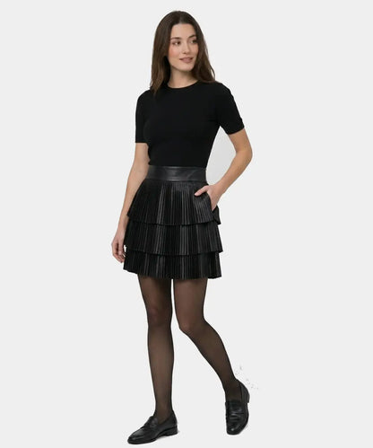 WomenSatinFinishPleatedShortLayeredBlackSkirt