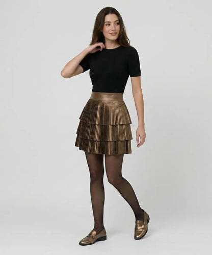 WomenSatinFinishPleatedShortLayeredBrownSkirt