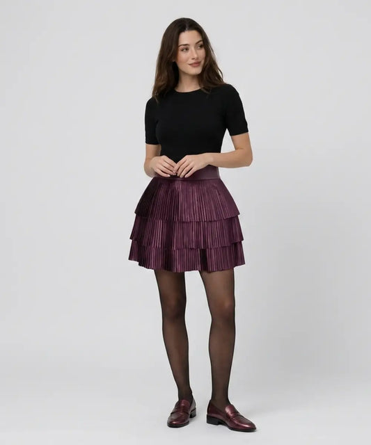 WomenSatinFinishPleatedShortLayeredBurgundySkirt