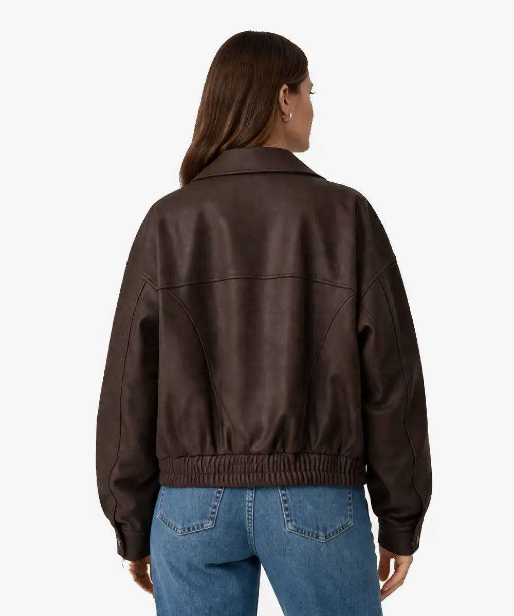 WomenSelenaGomezOversizedBrownFauxLeatherJacket