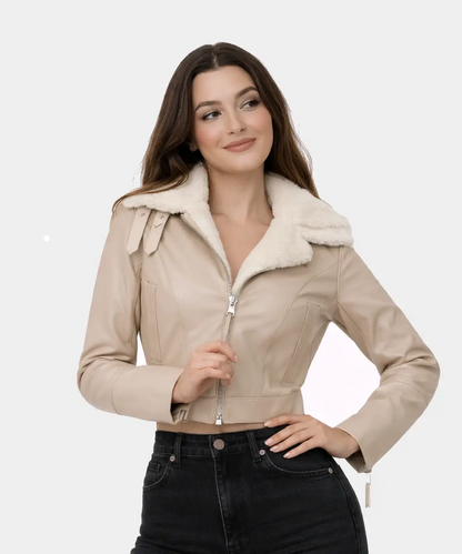 WomenShearlingDoubleCollarBeigeLeatherCropJacketWomen
