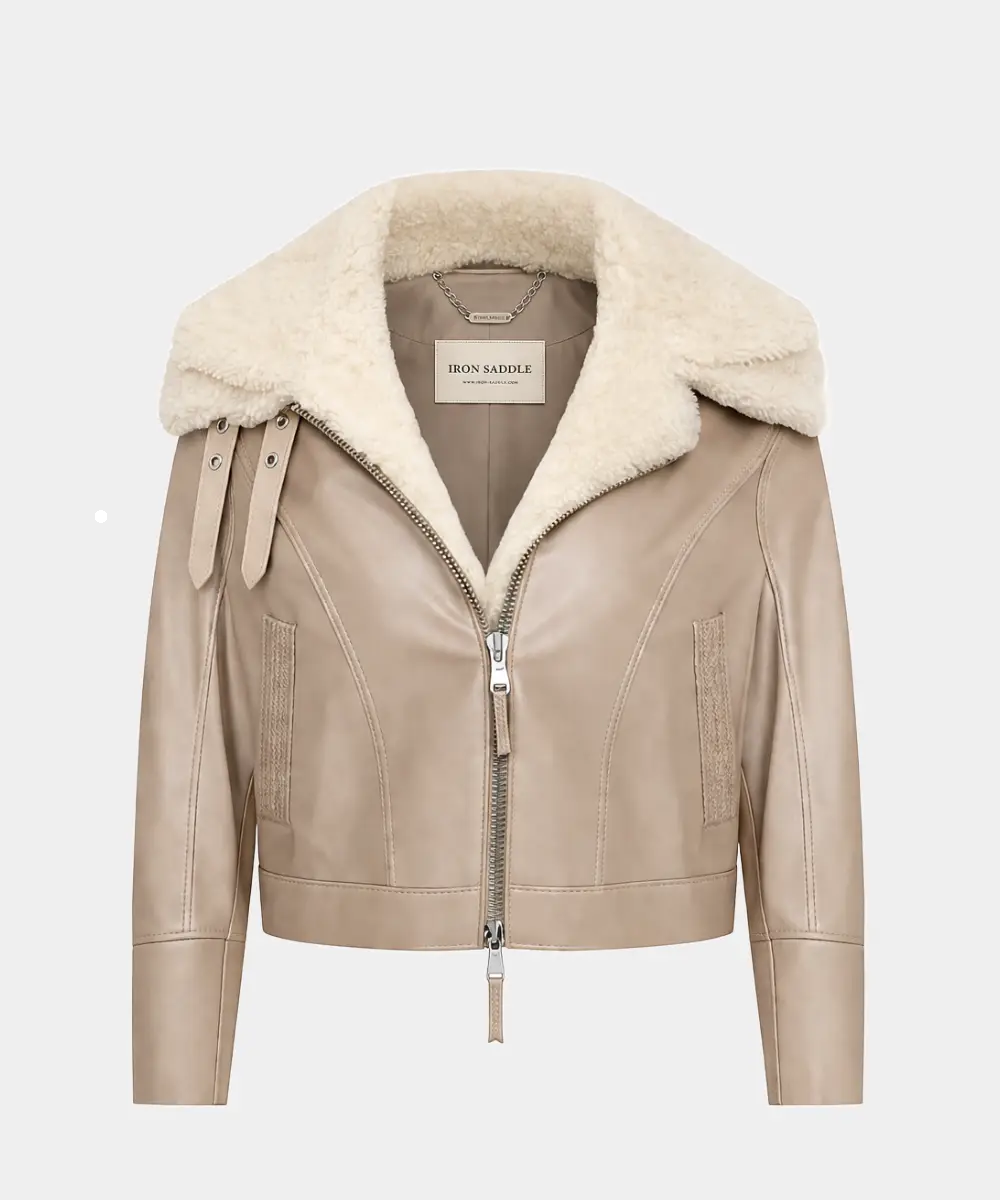 WomenShearlingDoubleCollarBeigeLeatherJacket