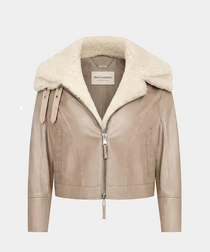 WomenShearlingDoubleCollarBeigeLeatherJacket