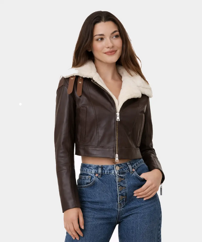 Women Shearling Double Collar Leather Jacket