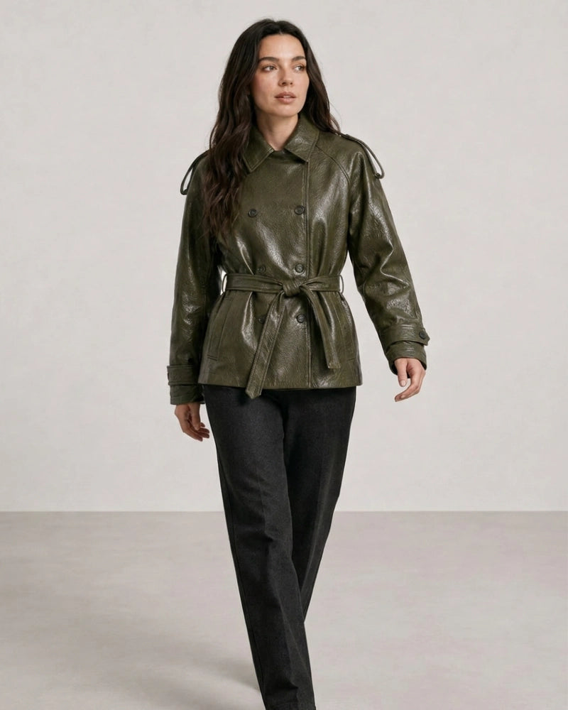 WomenShortFauxLeatherTrenchCoat