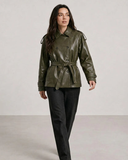 WomenShortFauxLeatherTrenchCoat