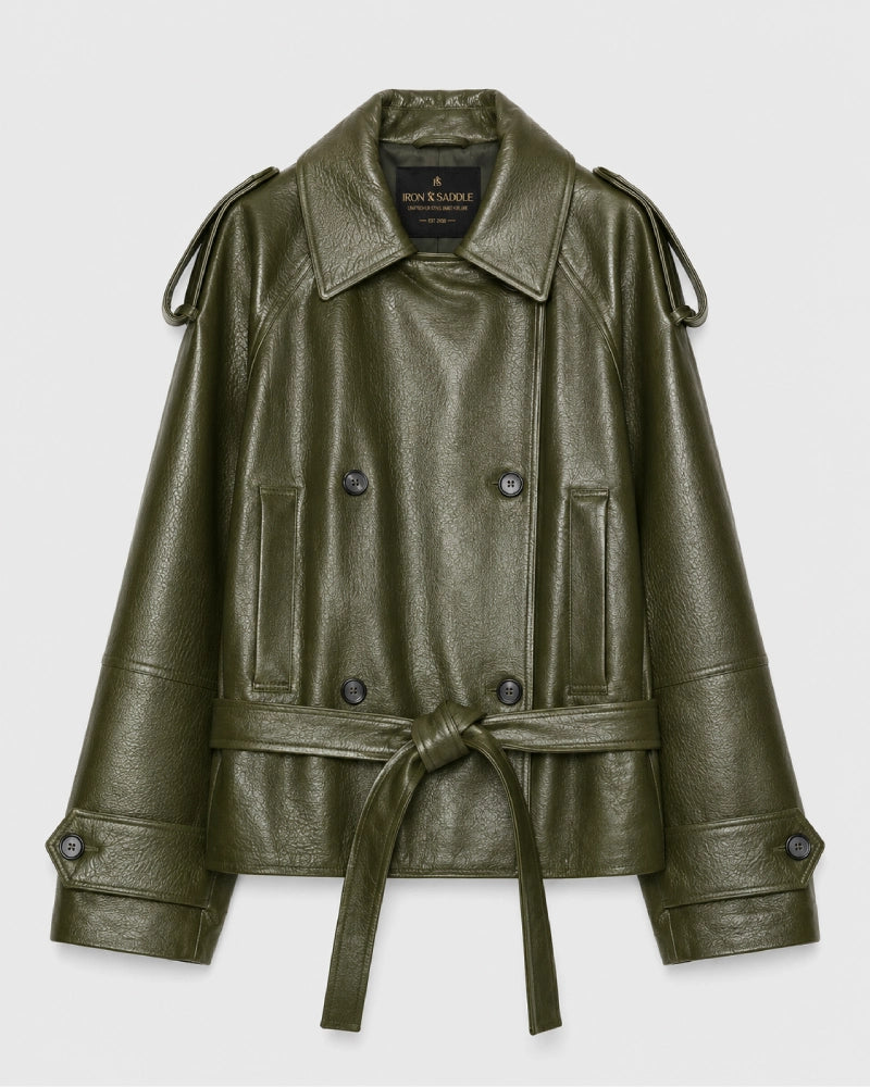 WomenShortGreenFauxLeatherTrenchCoat
