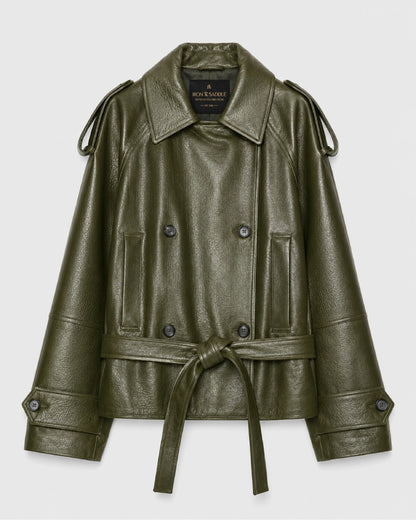 WomenShortGreenFauxLeatherTrenchCoat