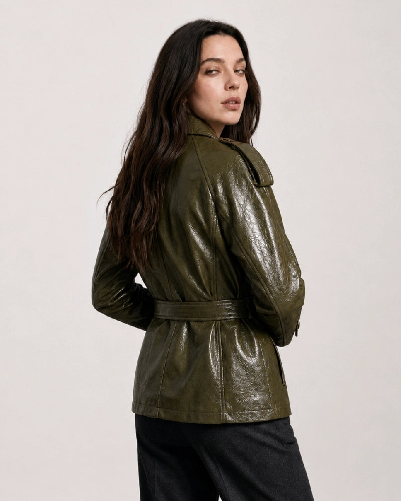 WomenShortGreenLeatherTrenchCoat