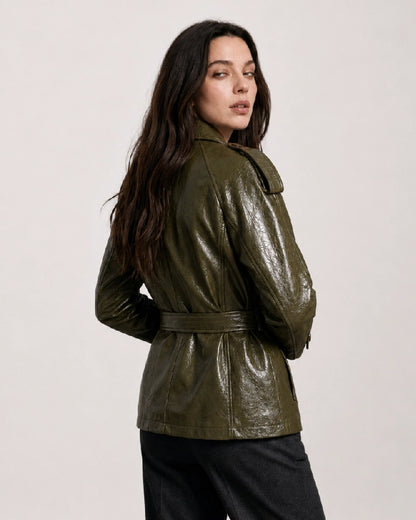 WomenShortGreenLeatherTrenchCoat