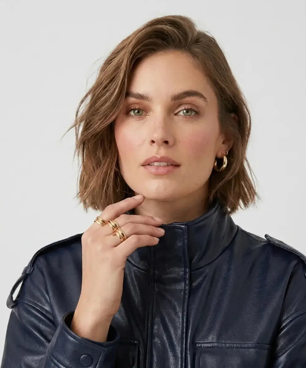 WomenShortLeatherEffectBlueJacket