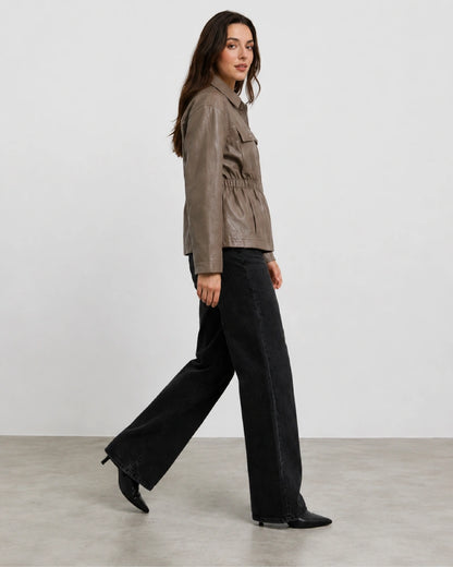 WomenTaupeBrownLeatherJacketWithElasticatedWaist
