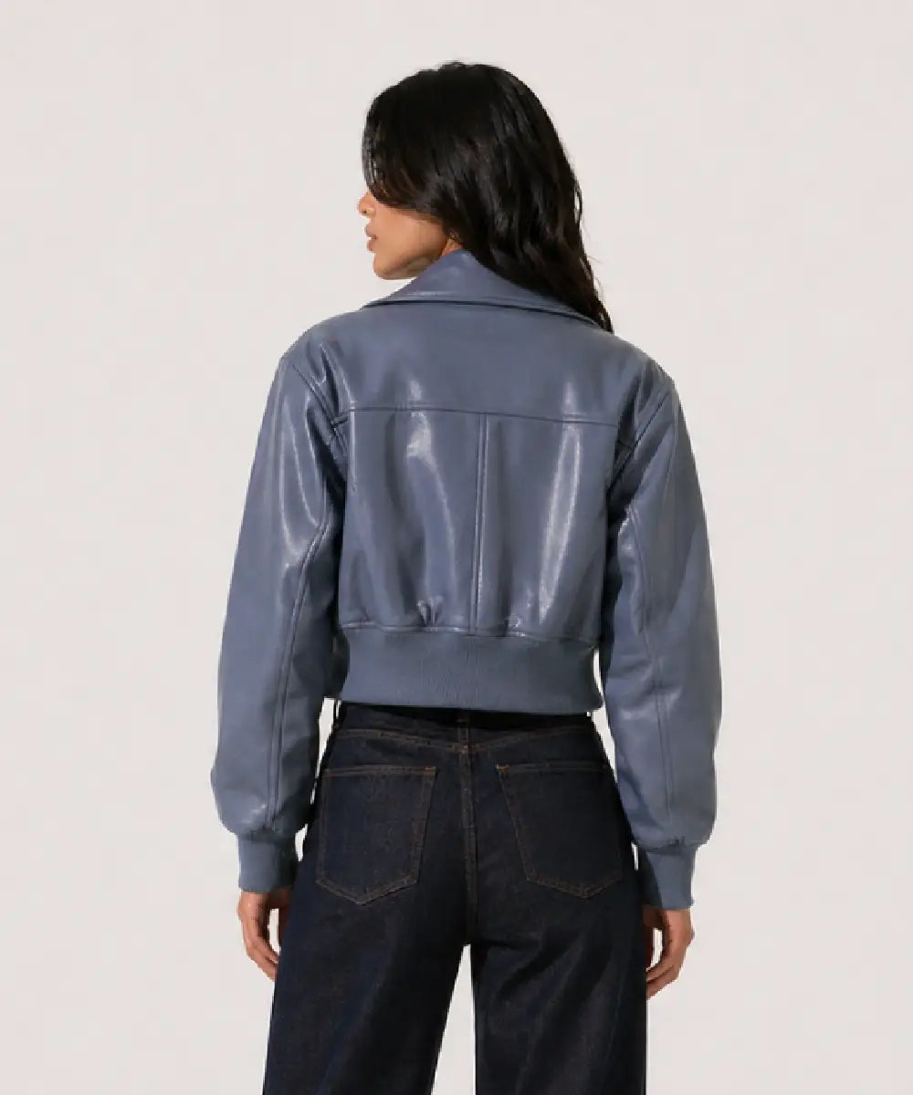 WomenVintageSlateBlueLeatherCropBomberJacket