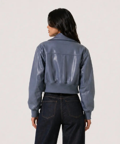 WomenVintageSlateBlueLeatherCropBomberJacket