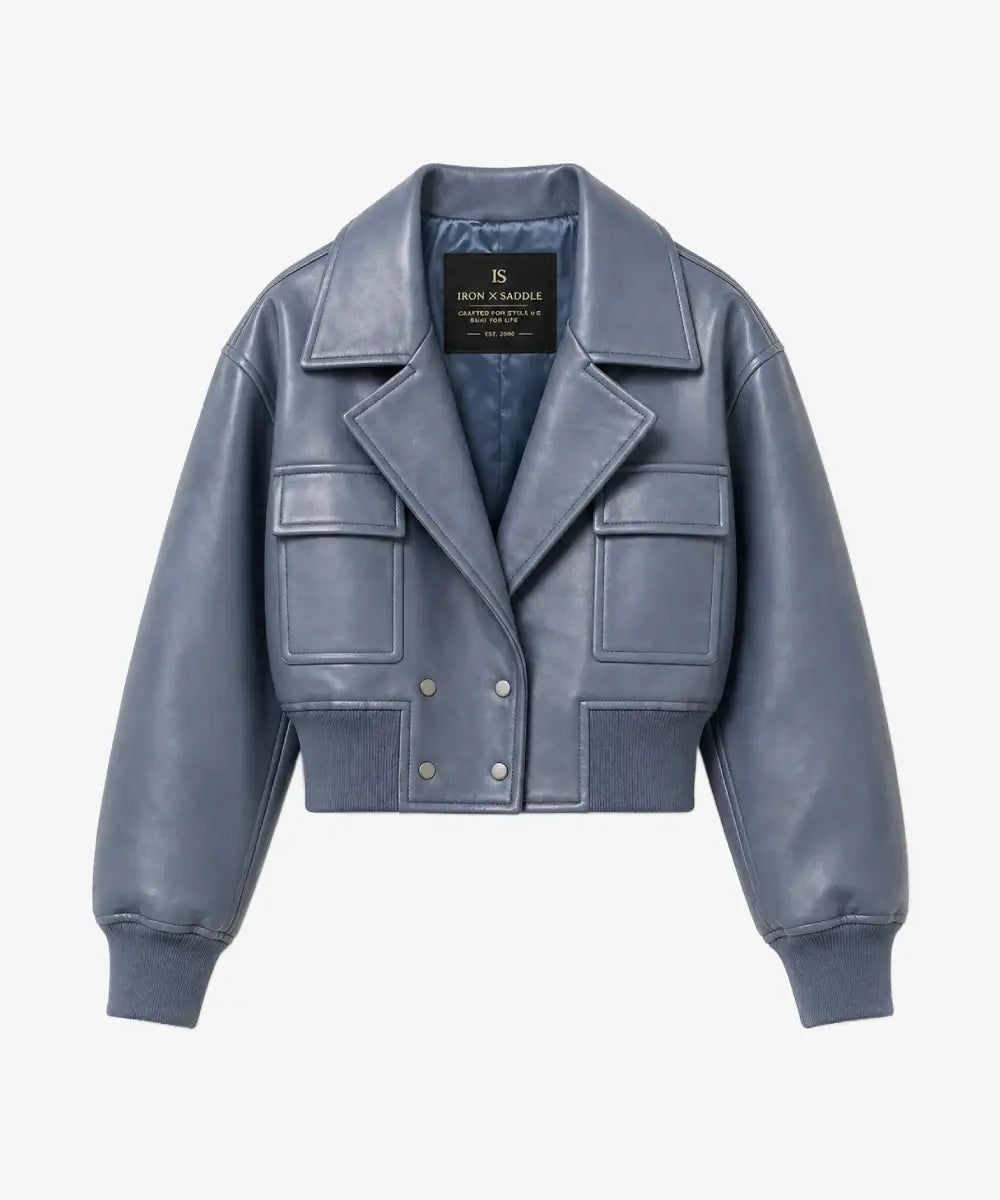 WomenVintageSlateBlueLeatherLapelCropBomberJacket