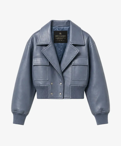 WomenVintageSlateBlueLeatherLapelCropBomberJacket