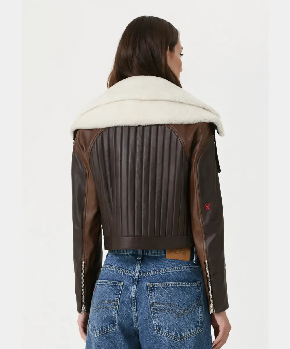 WomenWhiteShearlingbrownDoubleCollarLeatherJacket