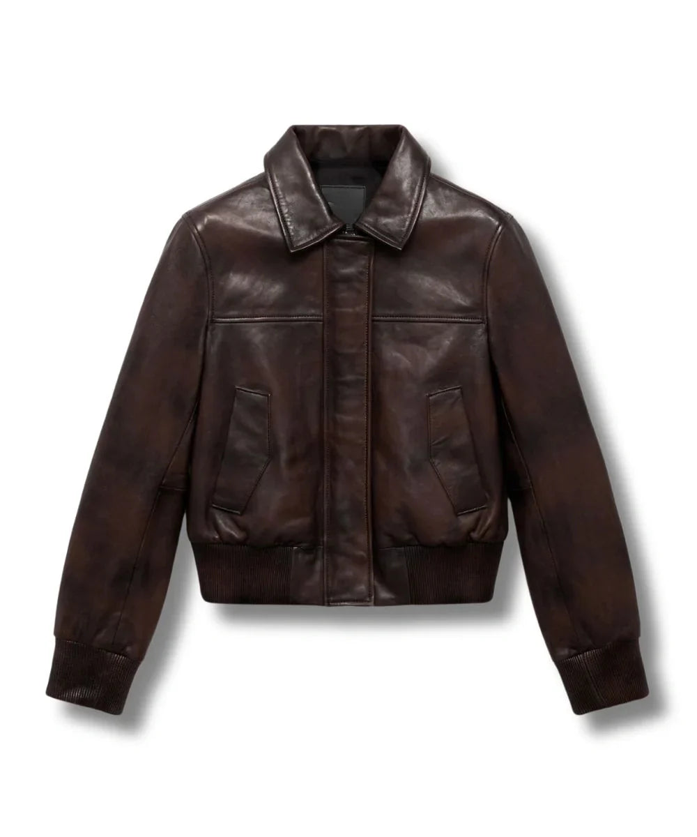 Women Biker Leather Bomber Jacket Dark Brown